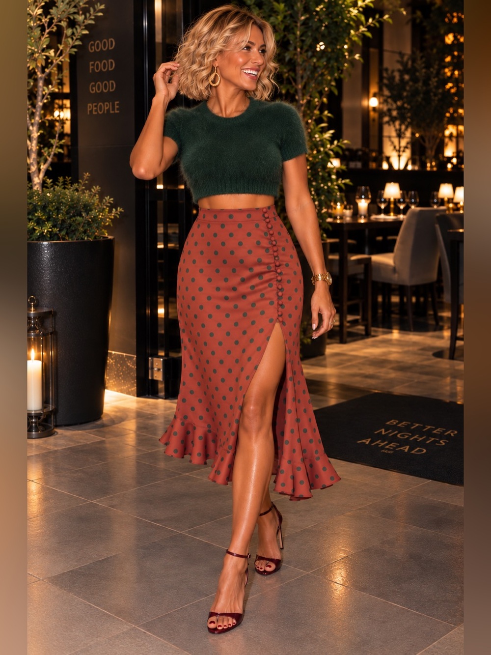 Zara Rust Green Polka Dot High-Slit Ruffle Hem Skirt